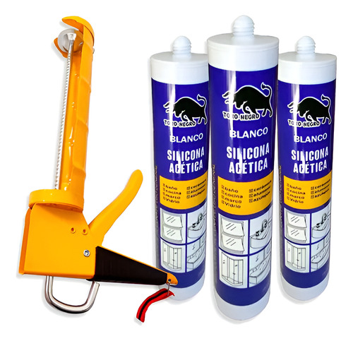 3 Silicona Cartucho Sellador Universal + Pistola Calafatera