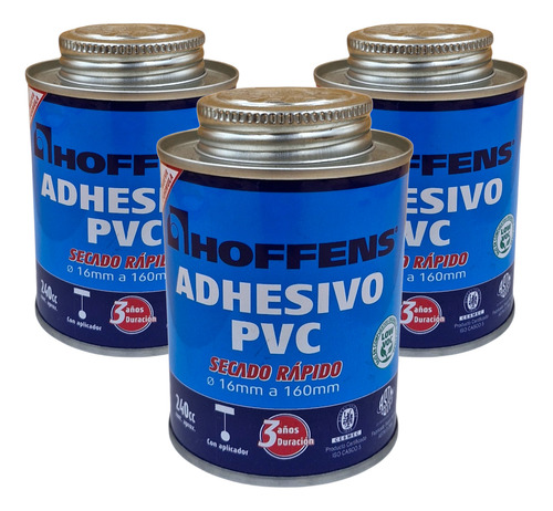 Pack 3 Adhesivo Pvc 240 Cc Lata Secado Rápido Hoffens Transparente