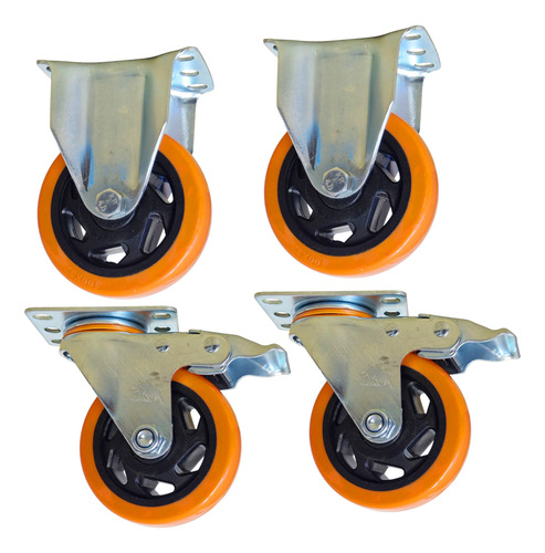 Set 2 Ruedas Fijas + 2 Giratorias C/ Freno - 4 Pulgadas Naranja