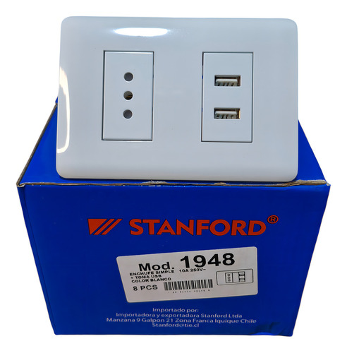 Enchufe Tomacorriente Stanford 2 Puertos Usb Pack 8 Unds Blanco 10a